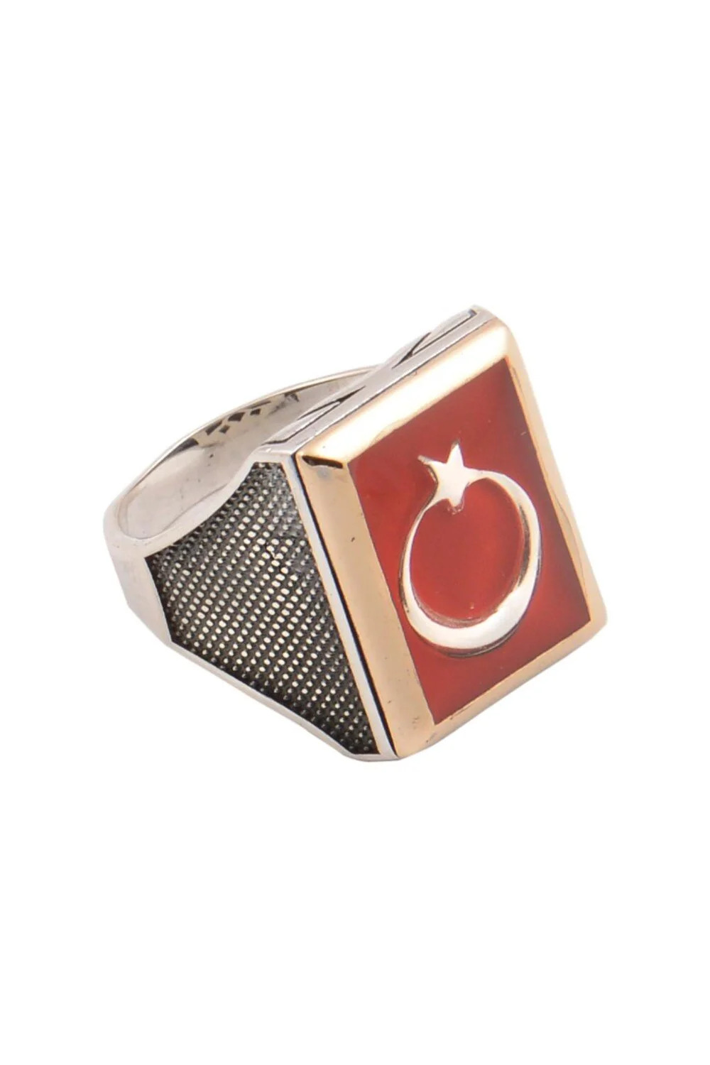 Vog Ay Yıldız Bayrak Motif Yanı Nokta Desen 925 Ayar Gümüş Erkek Yüzük 