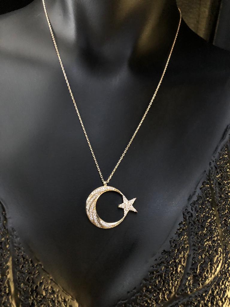 VOG AY YILDIZ SERİSİ ZİRCONİA TAŞLI ROZE RENK GÜMÜŞ KOLYE 