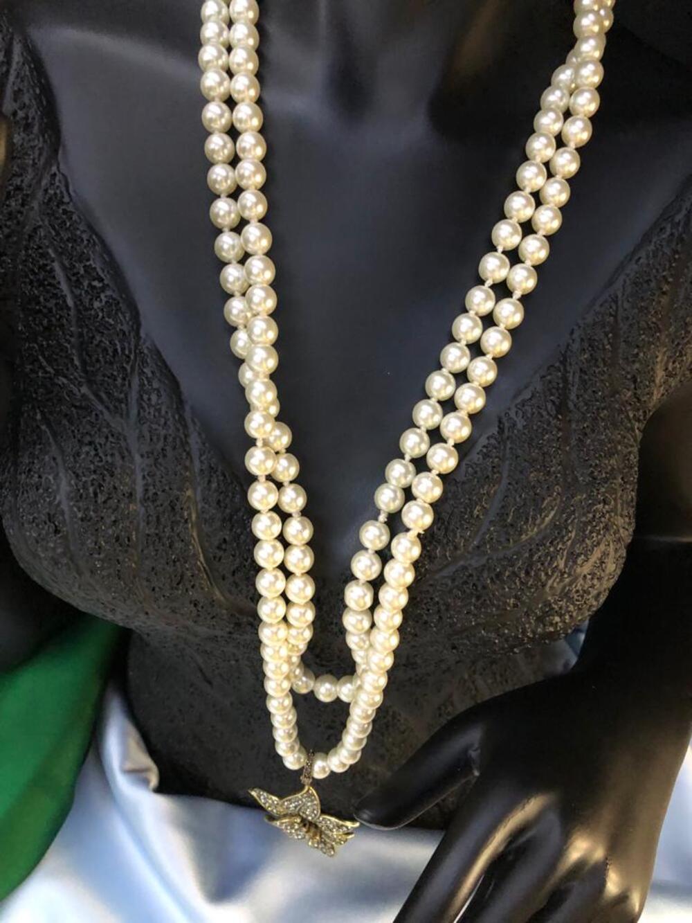 Vog Bijuteri Elmas Model 2 Sıralı  İnci Dizayn Çiçek Desenli Şık Tasarım El Işi Kolye (choker)