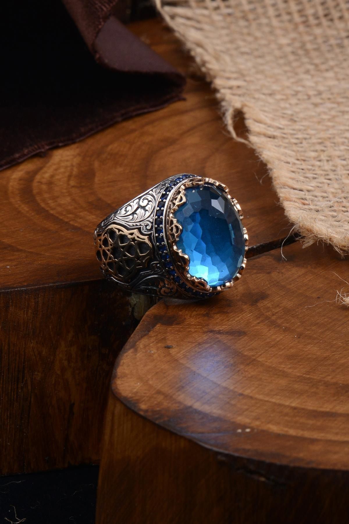 Vog Blue Topaz Aqua Marin Taşlı Yanı Işlemeli  925 Ayar Gümüş Erkek Yüzük