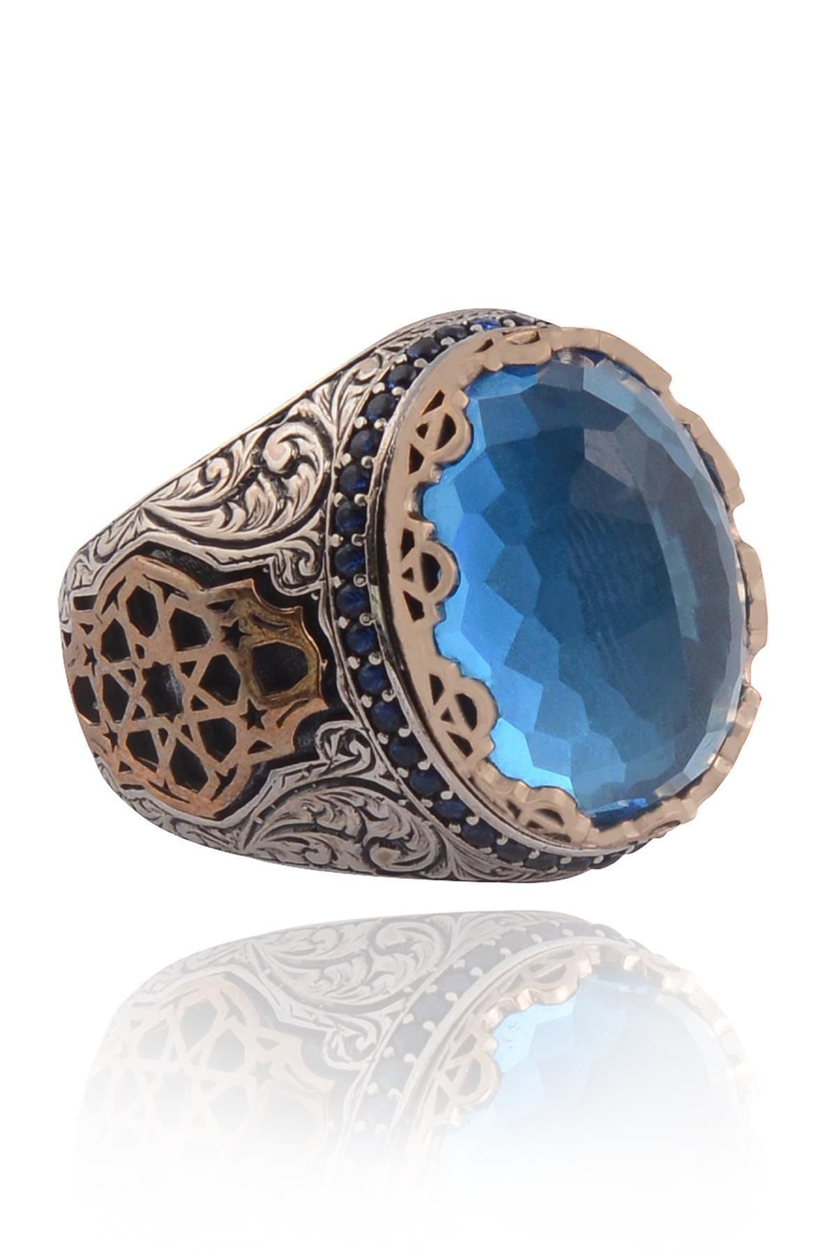 Vog Blue Topaz Aqua Marin Taşlı Yanı Işlemeli  925 Ayar Gümüş Erkek Yüzük