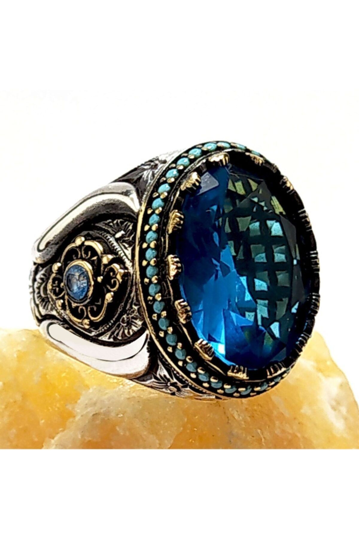 Blue Topaz Aquamarin Taşlı 925 Ayar Gümüş Erkek Yüzük