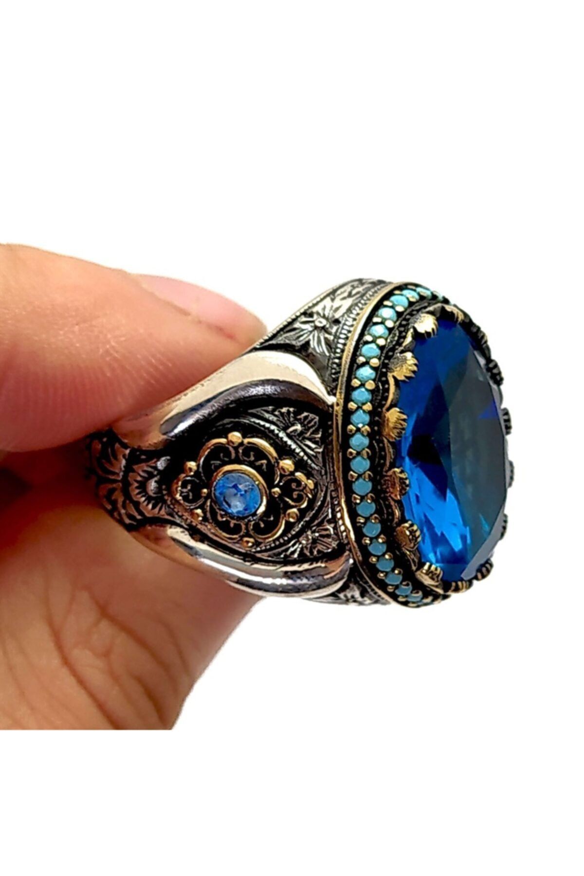 Blue Topaz Aquamarin Taşlı 925 Ayar Gümüş Erkek Yüzük