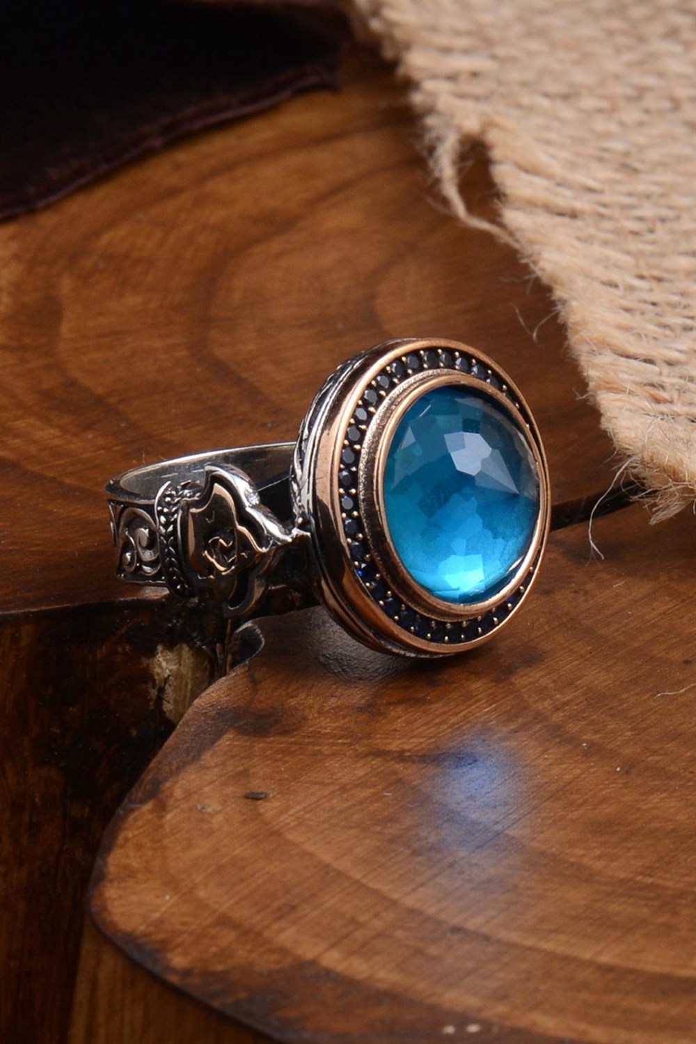 Blue Topaz Aqua Marin Taşlı Kubbe Model Yanı Teşkilat-ı Mahsusa 925 Ayar Erkek Gümüş Yüzük