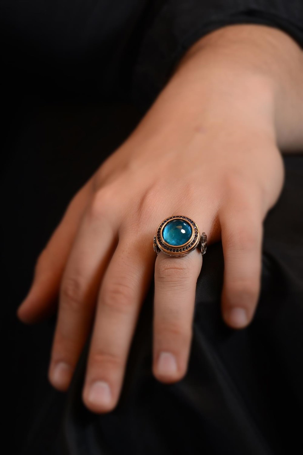 Blue Topaz Aqua Marin Taşlı Kubbe Model Yanı Teşkilat-ı Mahsusa 925 Ayar Erkek Gümüş Yüzük