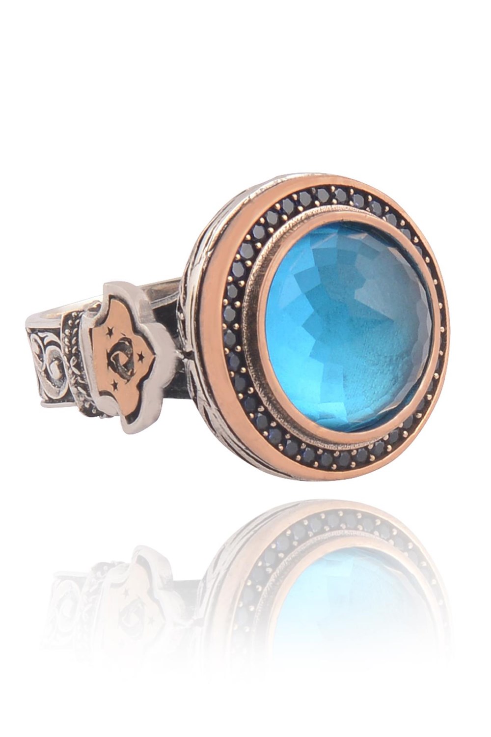 Blue Topaz Aqua Marin Taşlı Kubbe Model Yanı Teşkilat-ı Mahsusa 925 Ayar Erkek Gümüş Yüzük