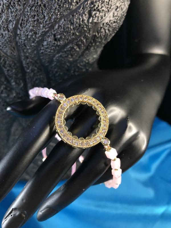 Vog Çeyrek Ve Gram Takılan 24 Ayar Kaplama Dorika Top Pembe Renk Kristal Taşlı İp Bileklik