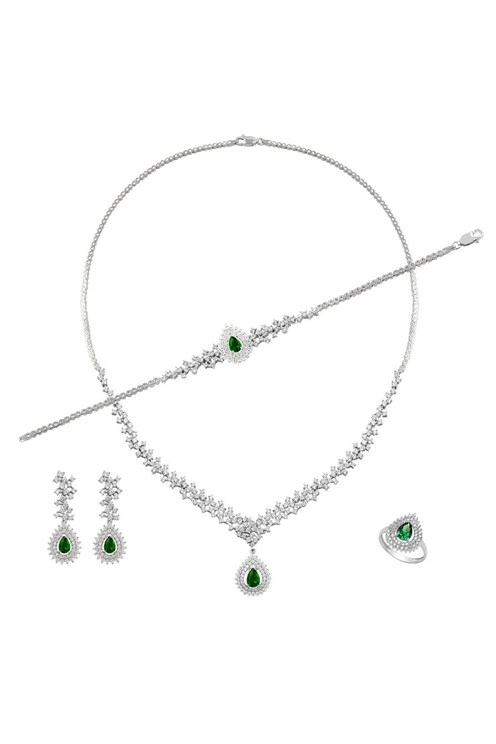 Çise Yeşil Taşlı Gümüş Su Yolu Set •Işıklı Kutuda • Düğün • Nişan • Söz • Gelin Seti Takımı