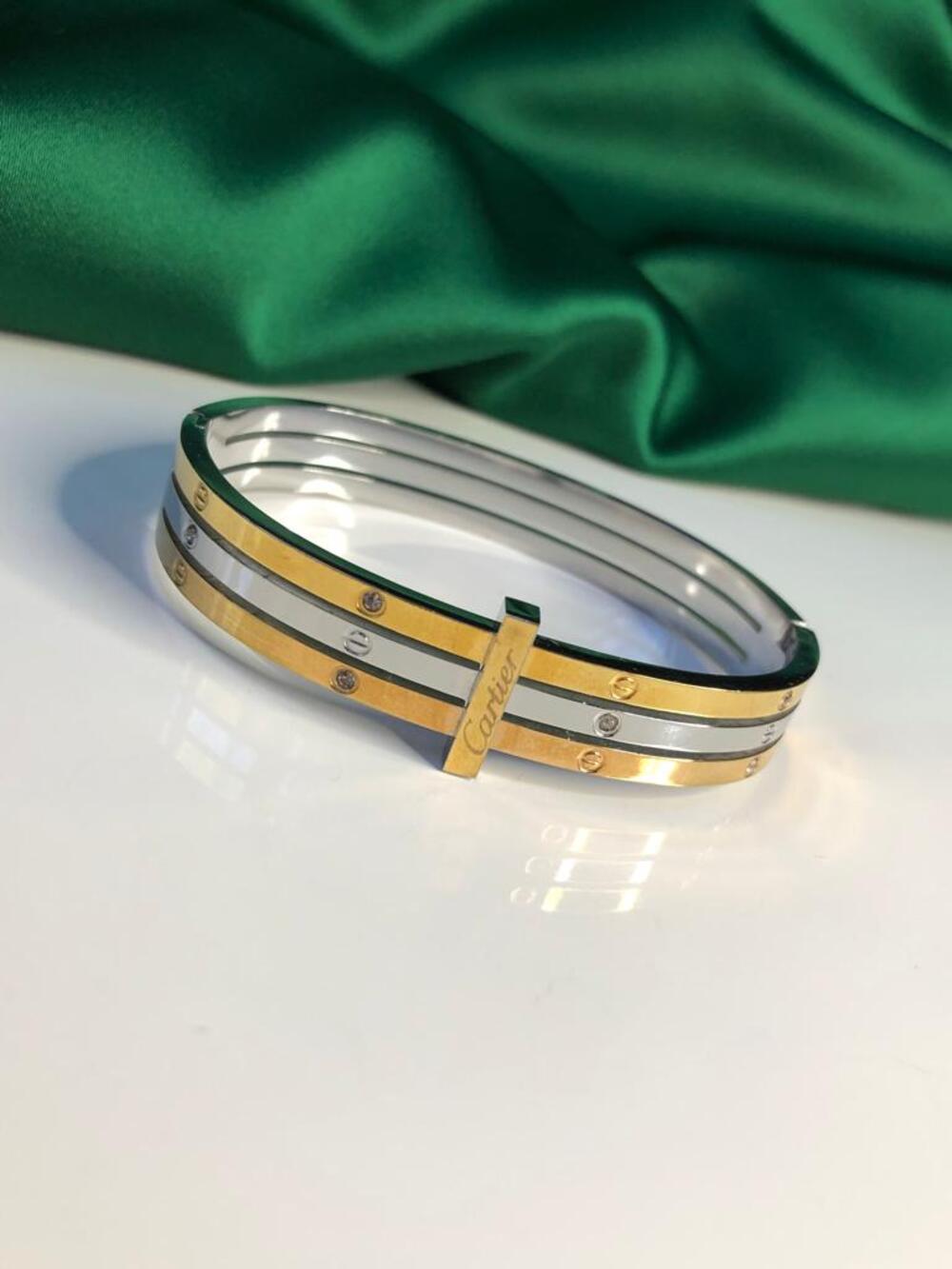 Vog Çelik Cartier Model Taş detaylı 3 Renkli Kelepçe Bilezik