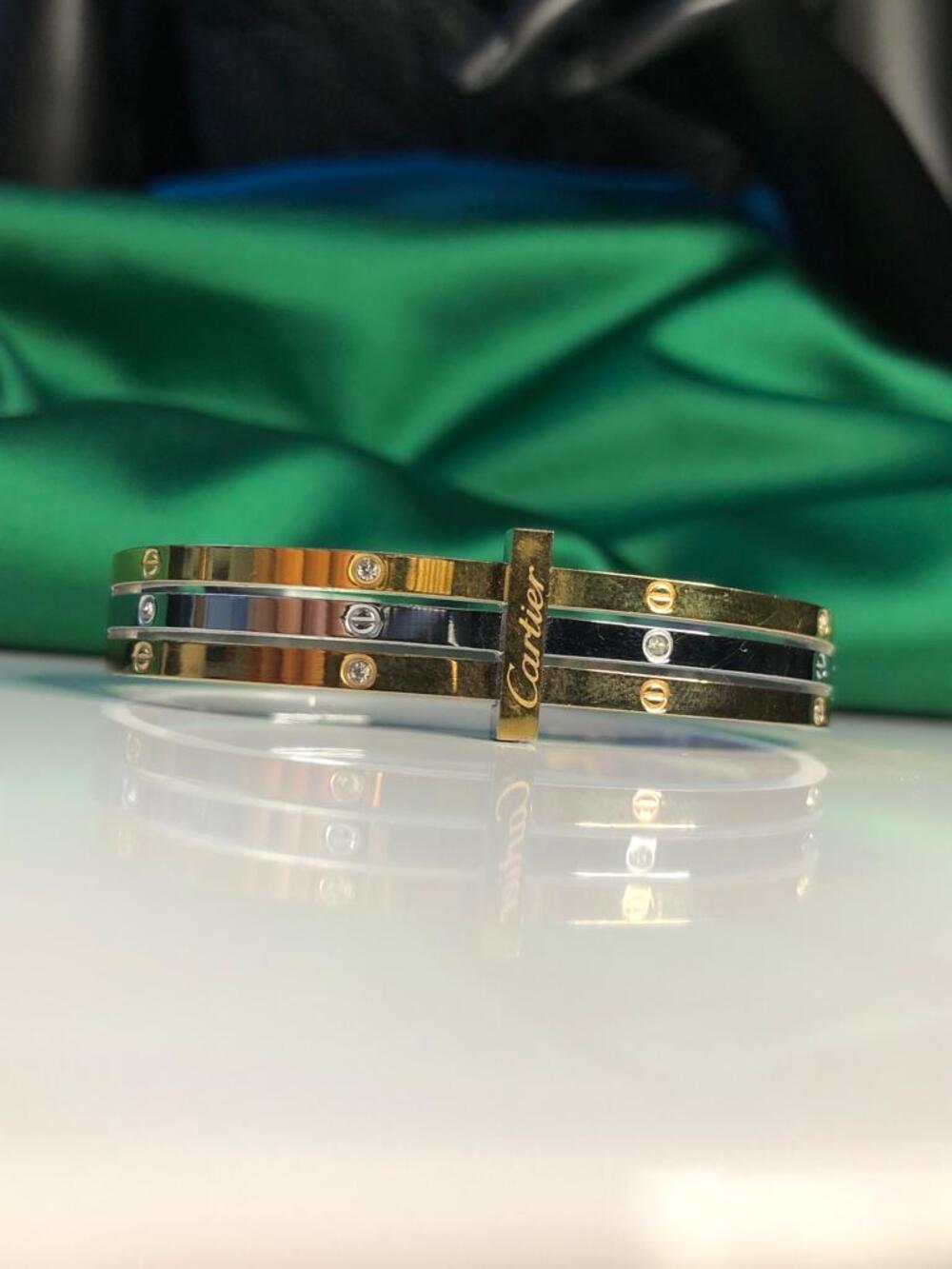 Vog Çelik Cartier Model Taş detaylı 3 Renkli Kelepçe Bilezik