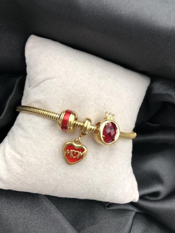 Vog Çelik Pandora Model  Anneler Günü (Mom)Yazılı Sarı Renk Bileklik