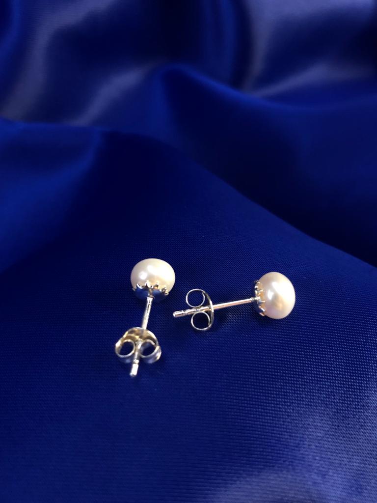 Vog Çivi Model İnci Küpe 6mm Beyaz Renk 925 Ayar Gümüş Sarı,Roze Seçeneği