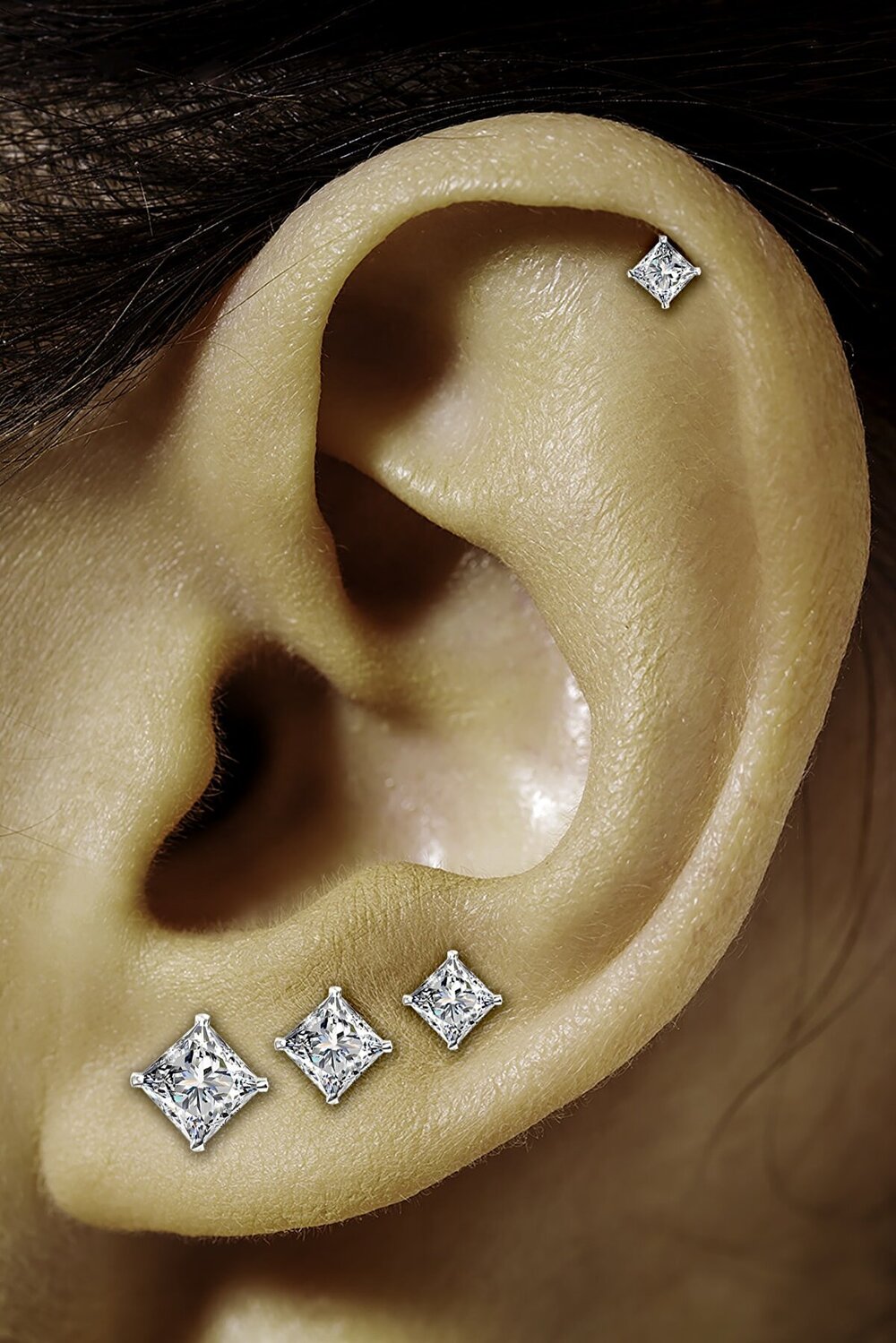 Vog Çivi Model Prenses Kesim Kare Zirconia Küpe 4’lü Set 3, 4, 5, 6 Mm Sarı,Roze Seçeneği