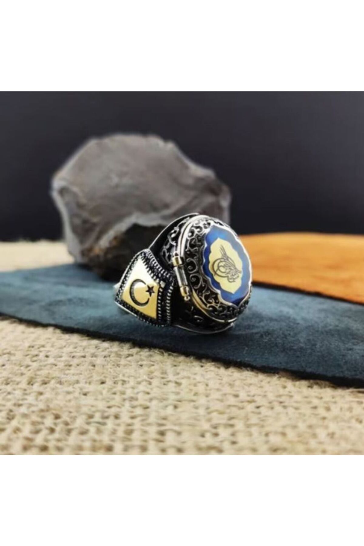 Vog Mavi Mineli 925 Gümüş (İçine Fotoğraf, İsim, Logo Yapılır) Sevgiliye,Babaya,Eşe Hediye Yüzük