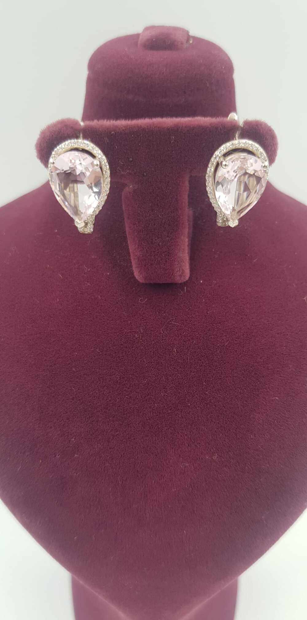 Vog İtalyan Tasım  Pırlanta İşçilik Damla A Kalite Pink Quartz 925 Gümüş Beyaz Küpe