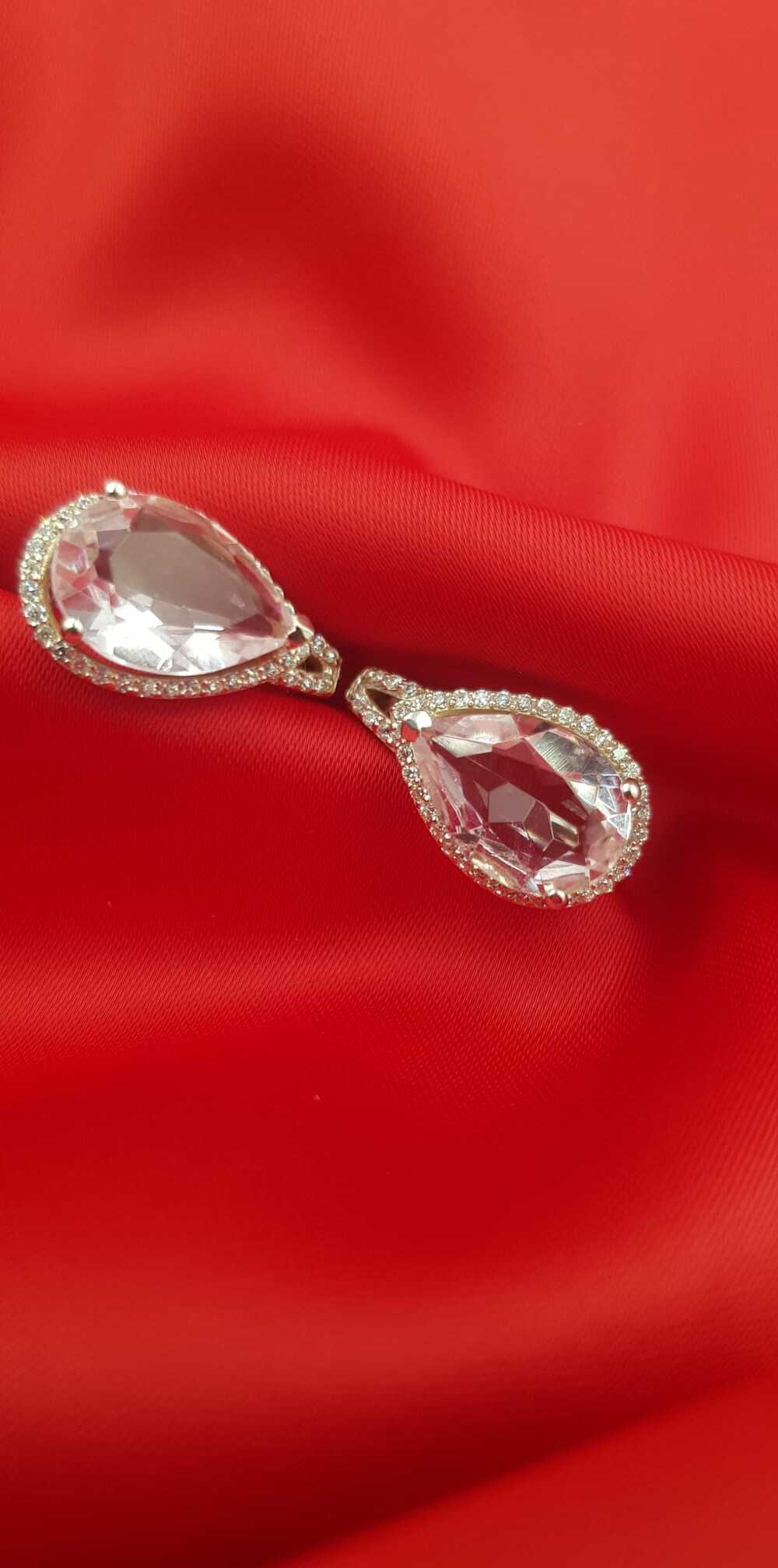 Vog İtalyan Tasım  Pırlanta İşçilik Damla A Kalite Pink Quartz 925 Gümüş Beyaz Küpe