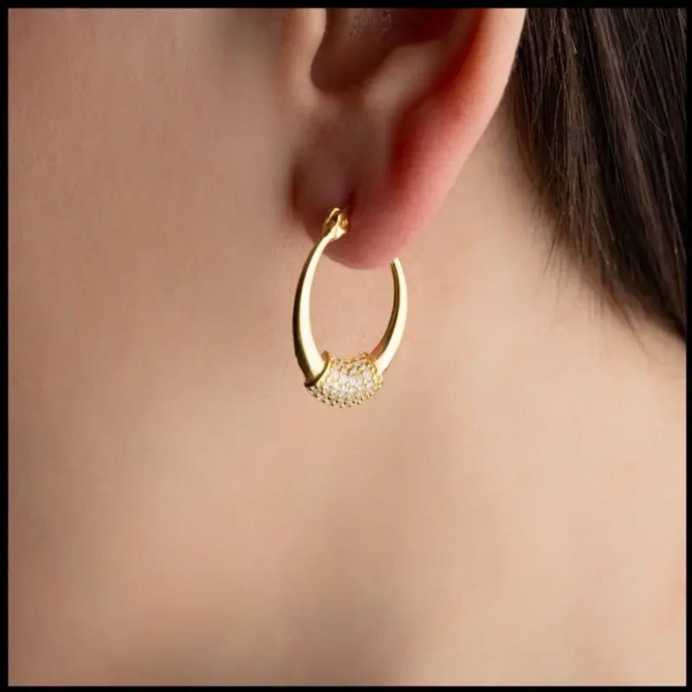 Vog Kadın 925 Ayar Gümüş Gold 15 Mm Zirkon Taşlı Halka Yeşil Renk Küpe