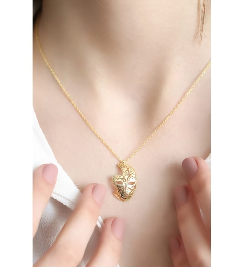 Vog Kadın 925 Ayar Gümüş Gold Rengi Maske Kolye Roze,Beyaz Seçeneği