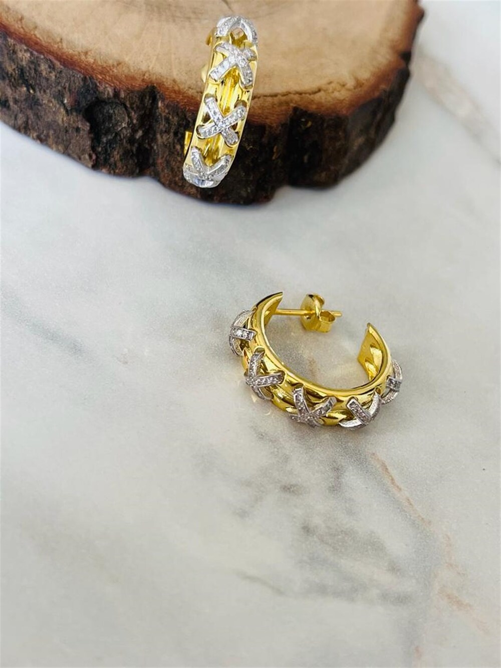 Vog Kadın 925 Ayar Gümüş Gold Trio Halka X  Yeşil Renk Küpe