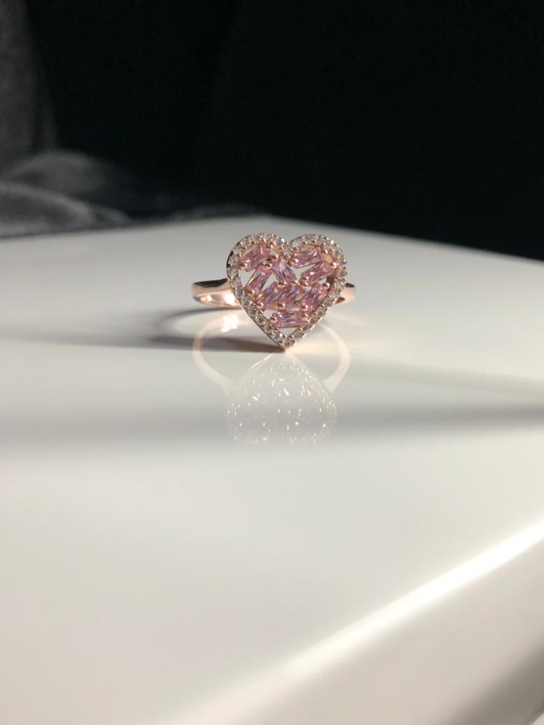 Vog Pembe Bagetli Kalp Tasarım 925 Ayar Gümüş Sevgiliye Eşe Hediye Yüzük