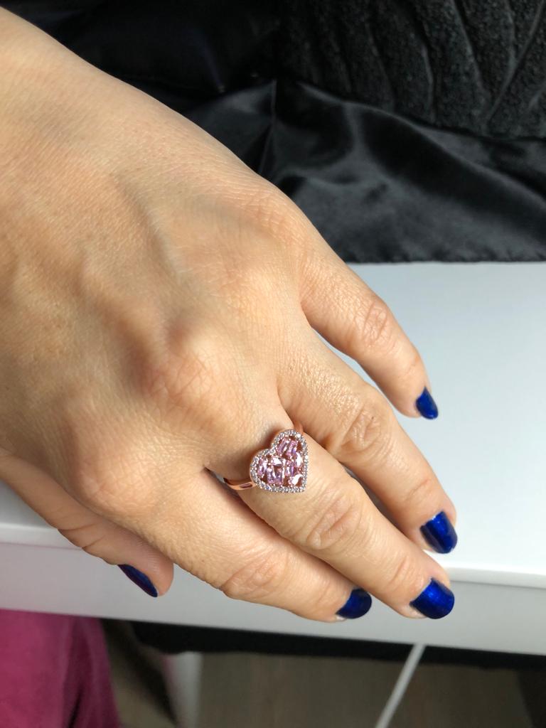 Vog Pembe Bagetli Kalp Tasarım 925 Ayar Gümüş Sevgiliye Eşe Hediye Yüzük