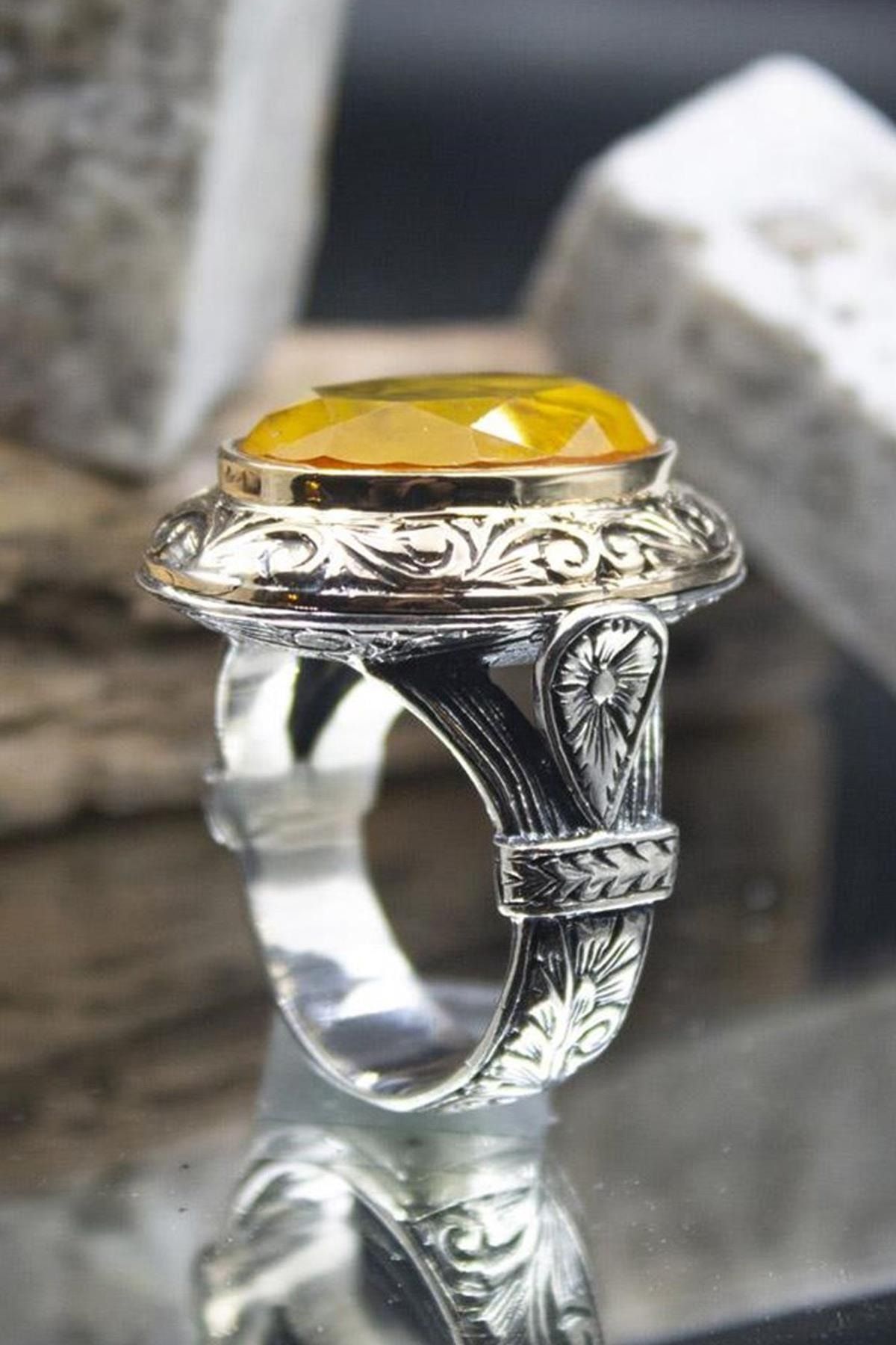 Vog Sarı Paraiba Taşlı Yanları Işlemeli Oval 925 Ayar Gümüş Erkek Yüzük