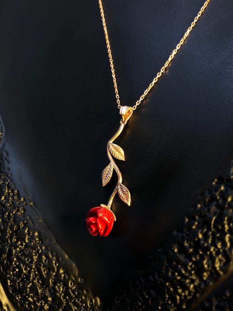  Kırmızı Gül Ters Rose Renk 925 Ayar Gümüş  • Sevgiliye • Eşe • Anneye Hediye Kolye