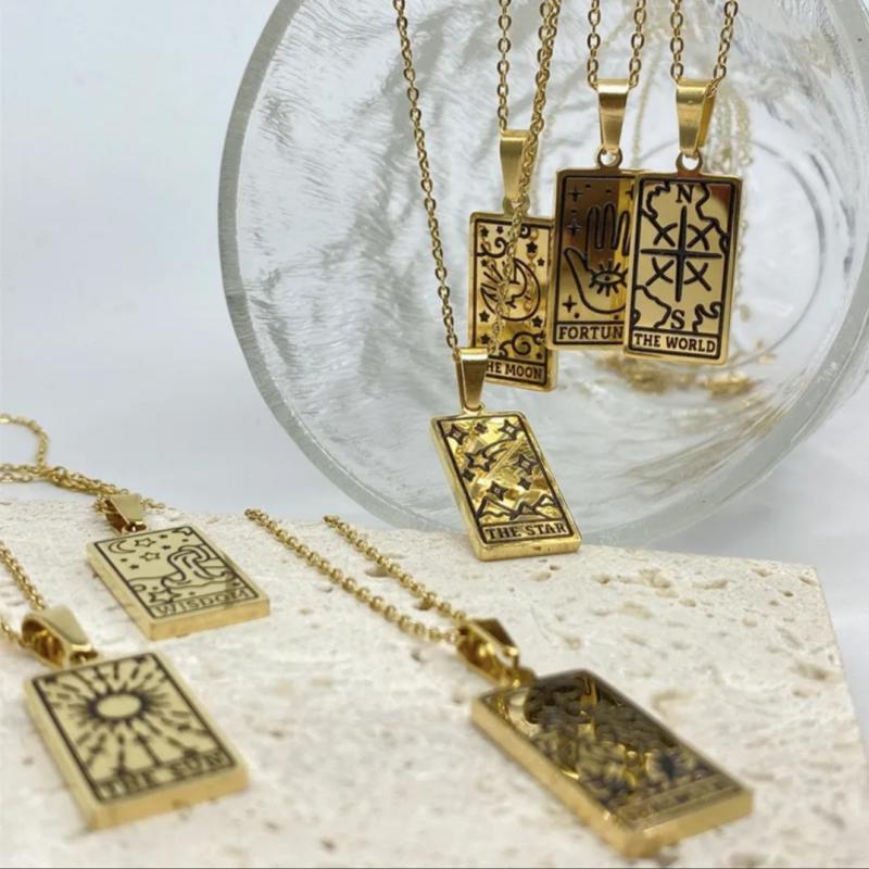 VOG TAROT KARTI KOLYE-GÜÇ,DÜNYA,AŞK,YILDIZ DESENLİ BEYAZ RENK 925 AYAR GÜMÜŞ SARI,ROZE SEÇENEĞİ 
