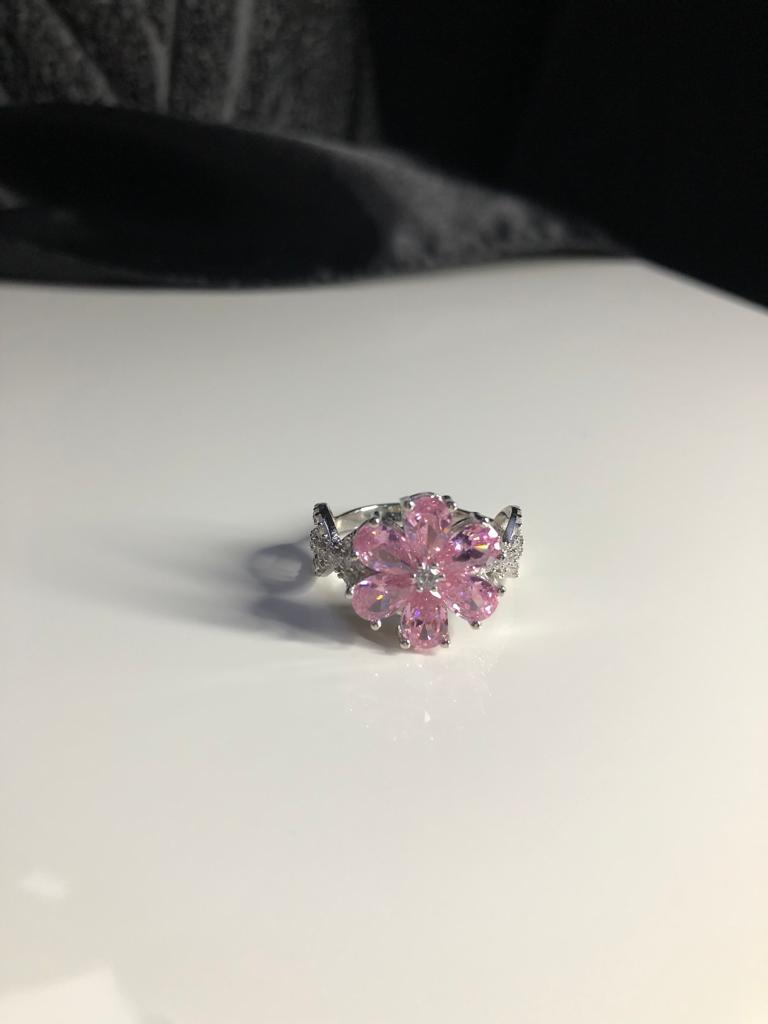 Vog Pembe Taşlı Umut Çiçeği 925 Ayar  Gümüş Sevgiliye Eşe Hediye Yüzük