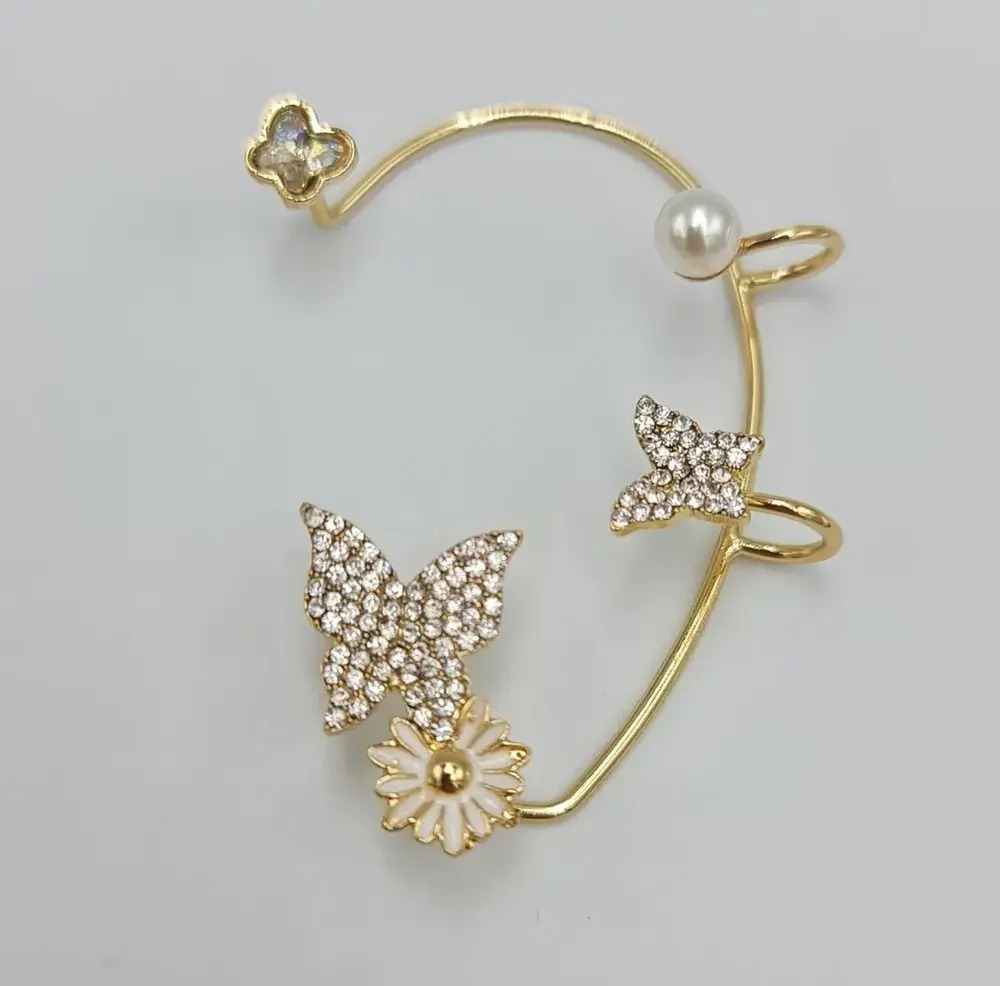 Vog Xuping Model Şık Tasarım TaşlıKelebek,İnci Ve Papatya Dizayn Micro Kaplama Earcuff Kıkırdak Küpe