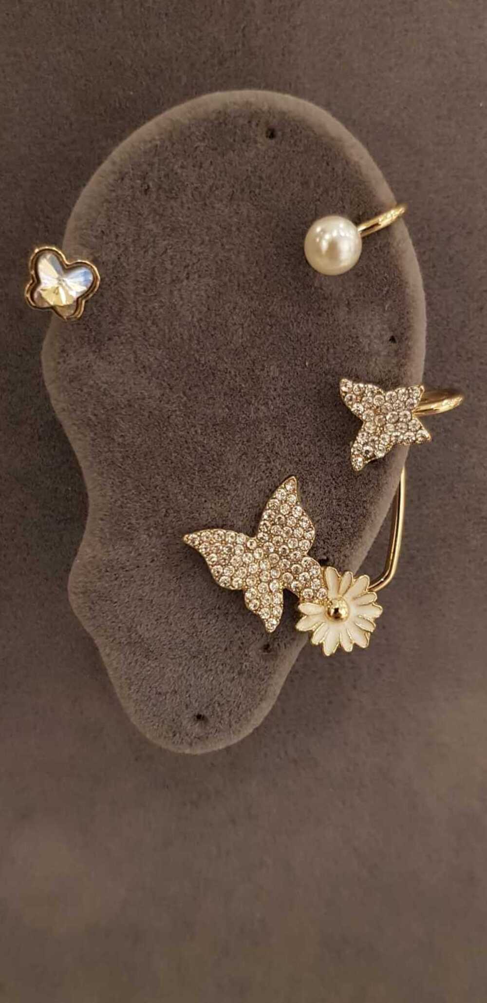 Vog Xuping Model Şık Tasarım TaşlıKelebek,İnci Ve Papatya Dizayn Micro Kaplama Earcuff Kıkırdak Küpe