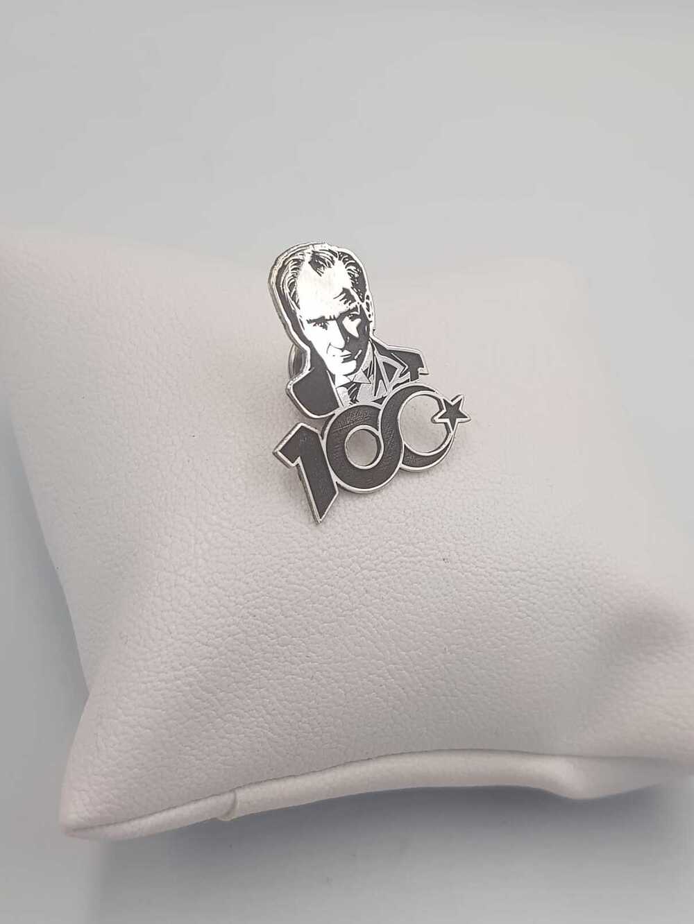 Vog Unisex 100. Yıl  Atatürk V Sonsuzluk Detaylı Yaka İğnesi 925 Ayar Gümüş Rozet 