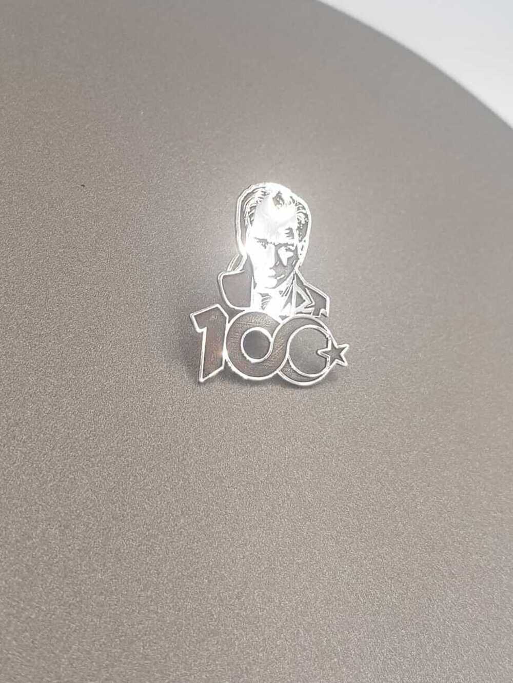 Vog Unisex 100. Yıl  Atatürk V Sonsuzluk Detaylı Yaka İğnesi 925 Ayar Gümüş Rozet 