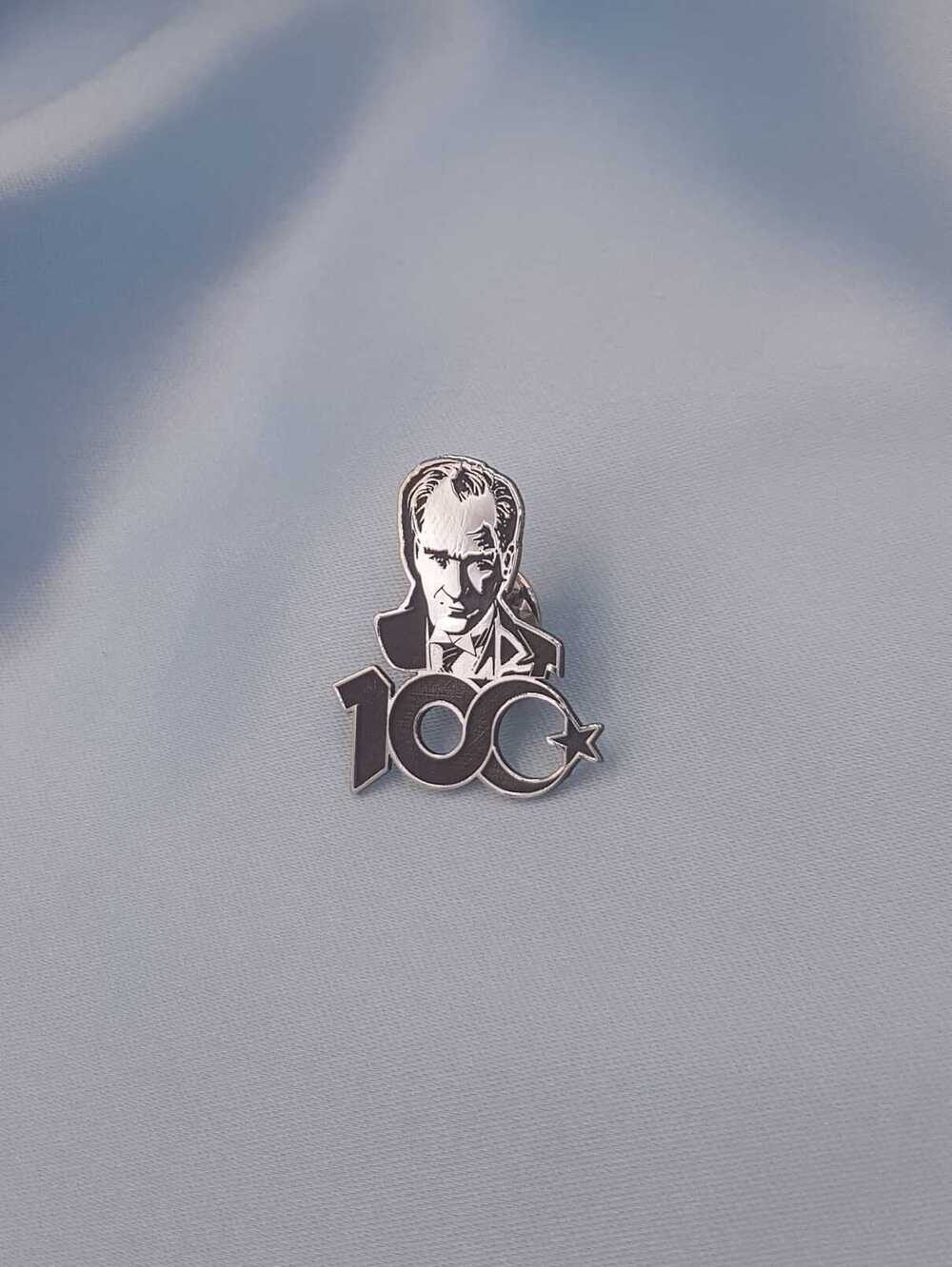 Vog Unisex 100. Yıl  Atatürk V Sonsuzluk Detaylı Yaka İğnesi 925 Ayar Gümüş Rozet 