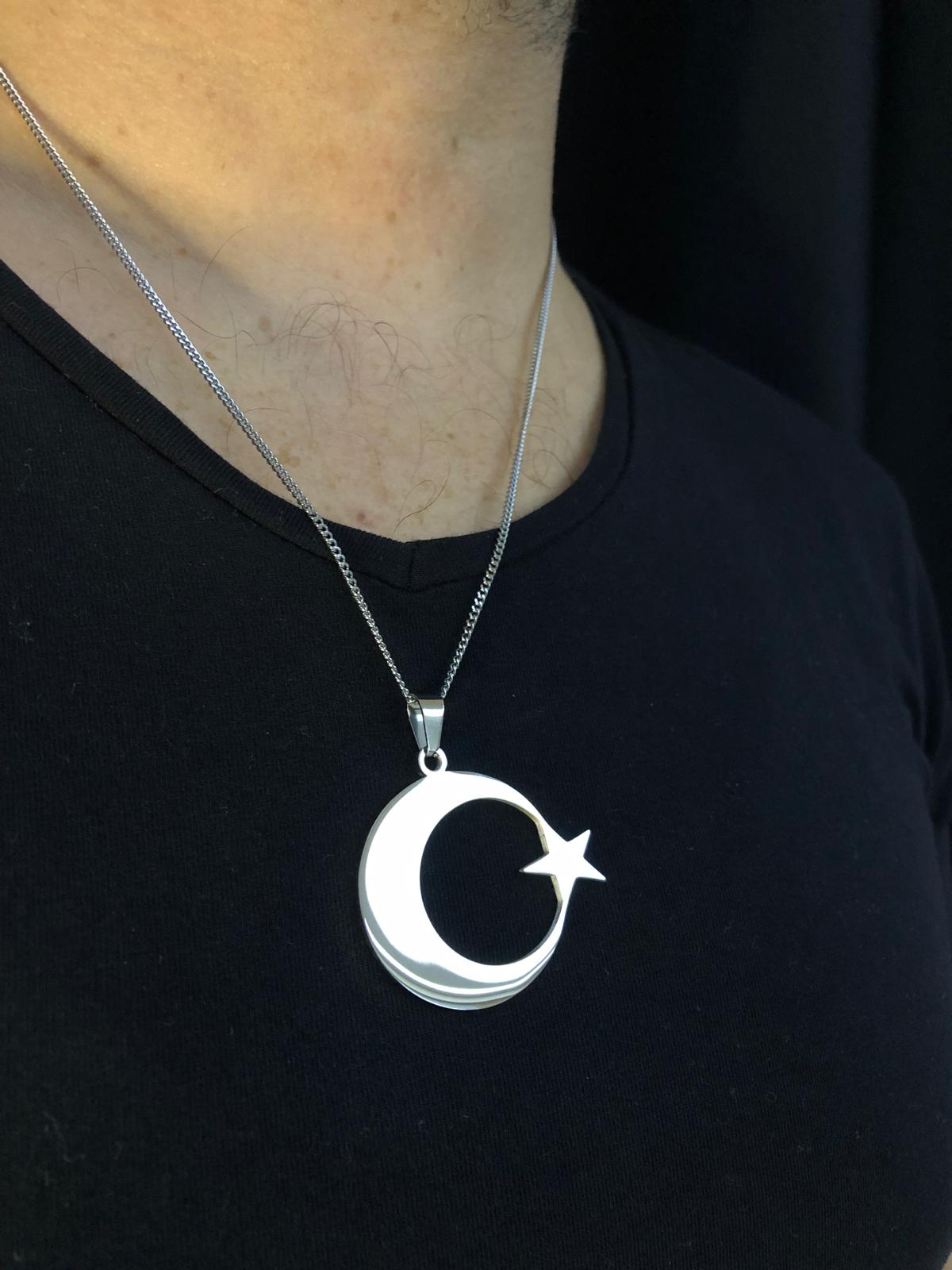 Vog 4 Cm Ay Yıldız Türk Bayrağı Sevgiliye Eşe Babaya Arkadaşa Hediye Beyaz Çelik Kolye
