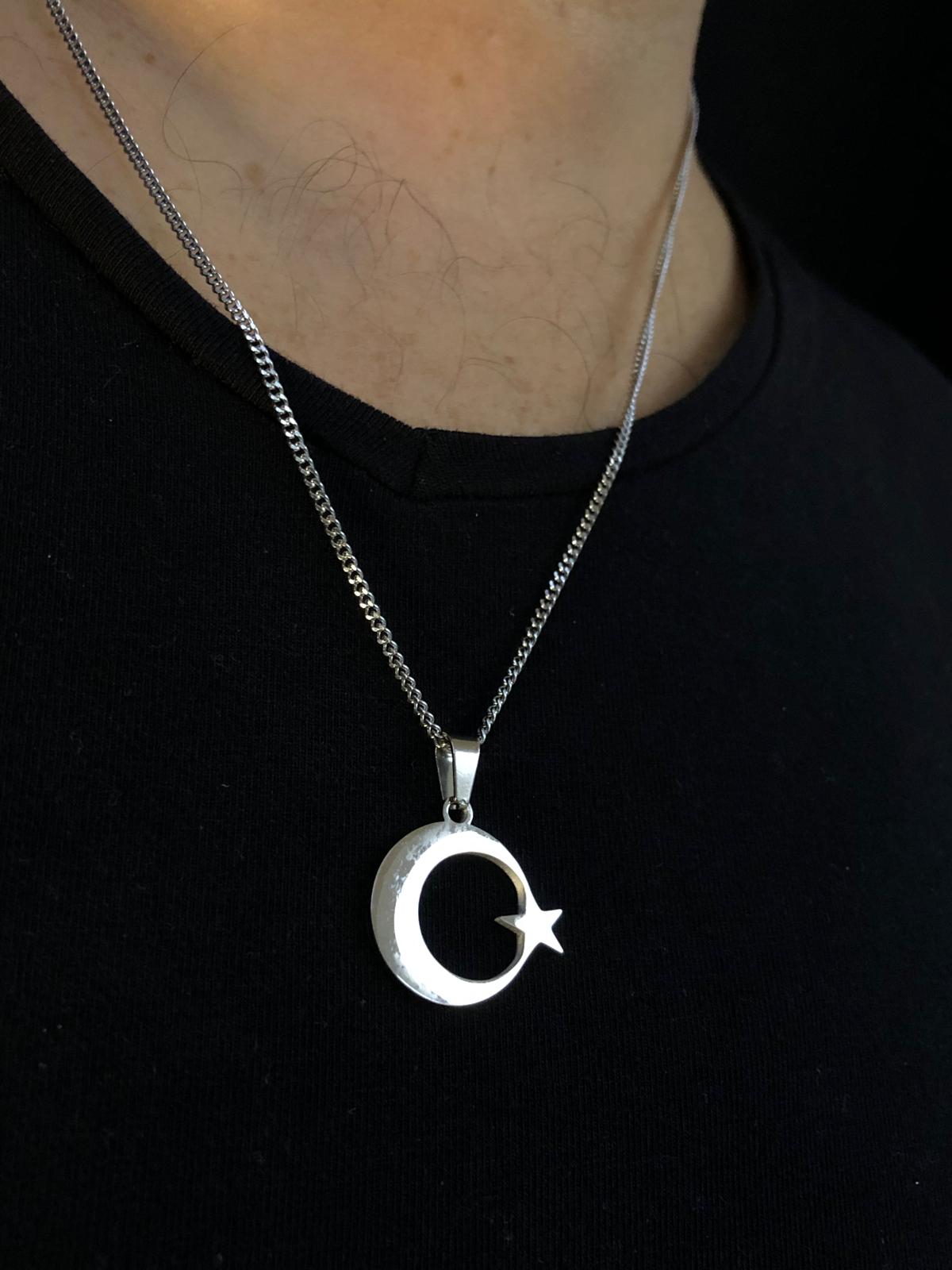 Vog 2 Cm Ay Yıldız Türk Bayrağı Sevgiliye Eşe Babaya Arkadaşa Hediye Beyaz Çelik Kolye
