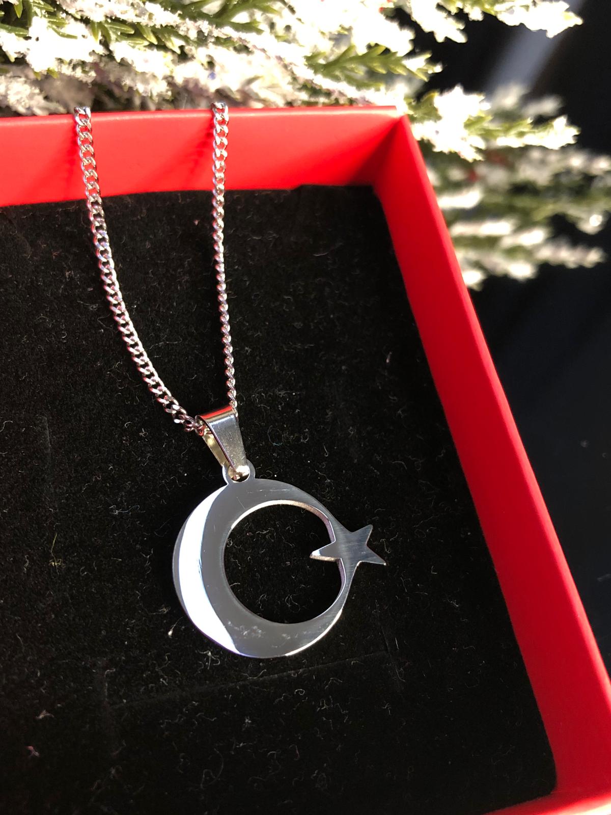 Vog 2 Cm Ay Yıldız Türk Bayrağı Sevgiliye Eşe Babaya Arkadaşa Hediye Beyaz Çelik Kolye