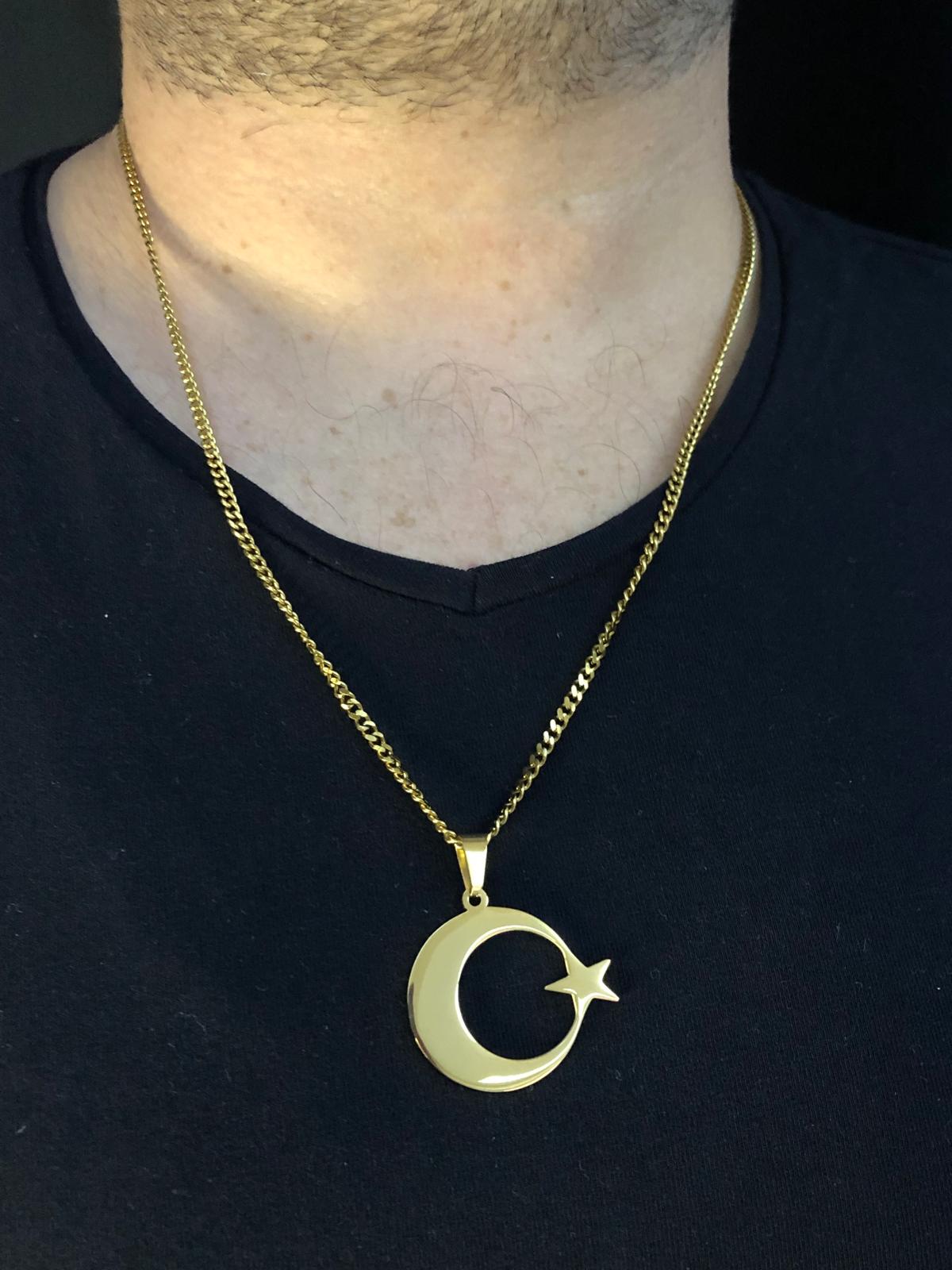 Vog 3.5 Cm Ay Yıldız Türk Bayrağı Sevgiliye Eşe Babaya Arkadaşa Hediye Sarı Çelik Kolye