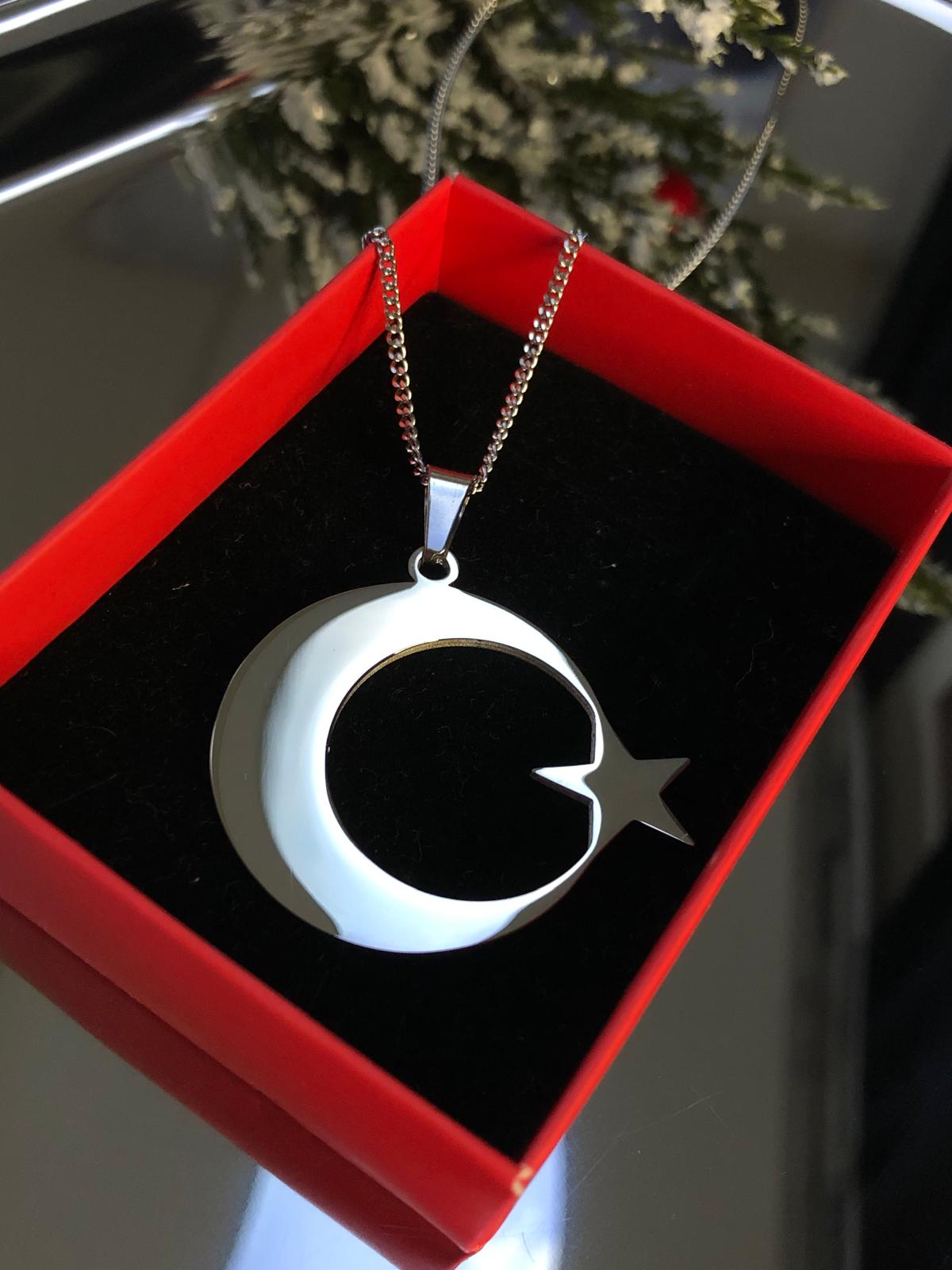 Vog 4 Cm Ay Yıldız Türk Bayrağı Sevgiliye Eşe Babaya Arkadaşa Hediye Beyaz Çelik Kolye