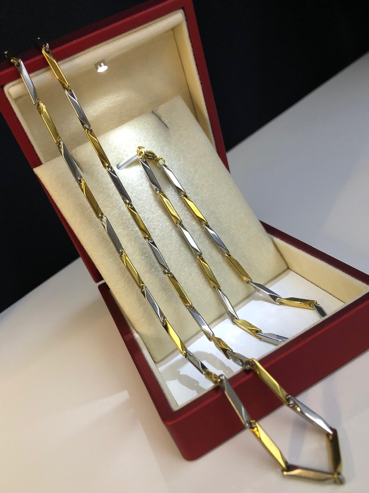 3mm Köşeli Çubuk Sarı V Beyaz Çelik İnce Kibar Set • Işıklı Kutuda • Sevgiliye • Eşe Bileklik Kolye