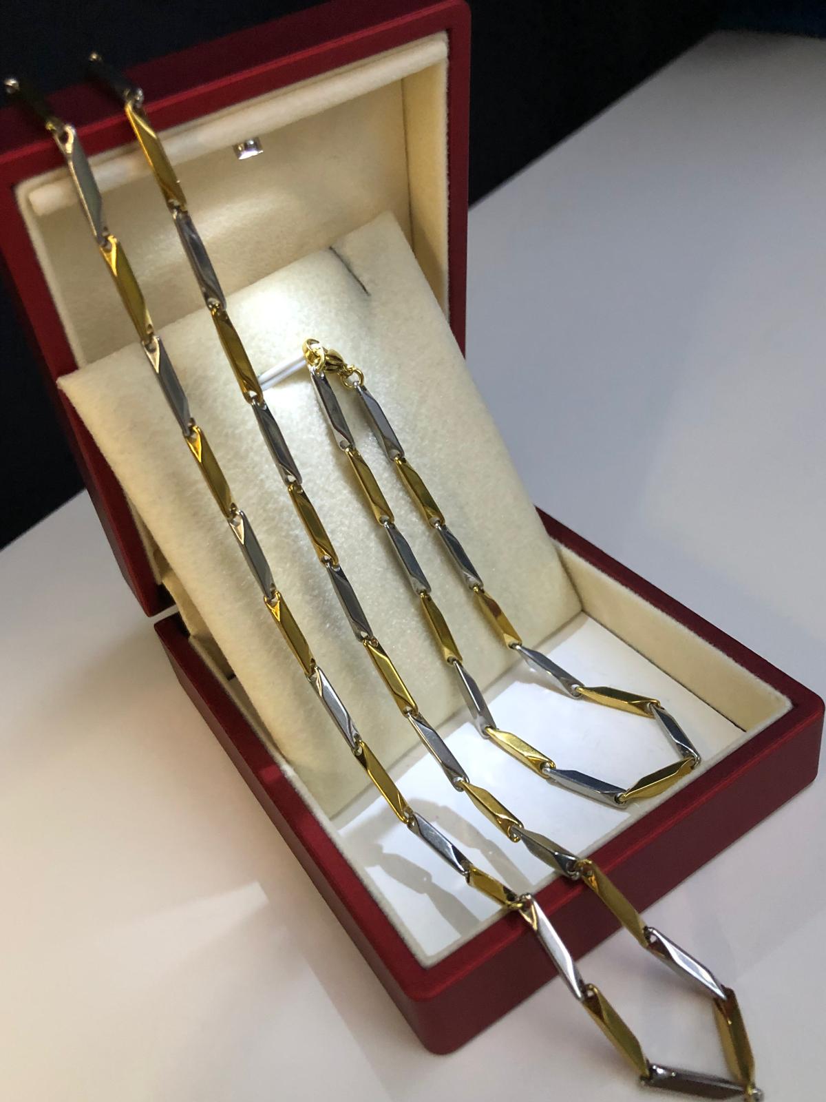 3mm Köşeli Çubuk Sarı V Beyaz Çelik İnce Kibar Set • Işıklı Kutuda • Sevgiliye • Eşe Bileklik Kolye