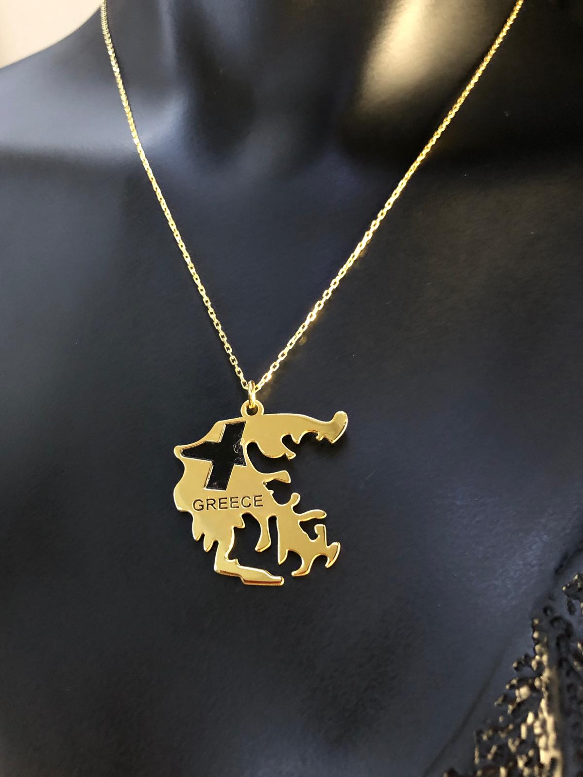 Kadın Gümüş Kolye - Yunanistan (GREECE) Haritası Bayrağı Gold Renk 925 Ayar Gümüş Ülke Kolye