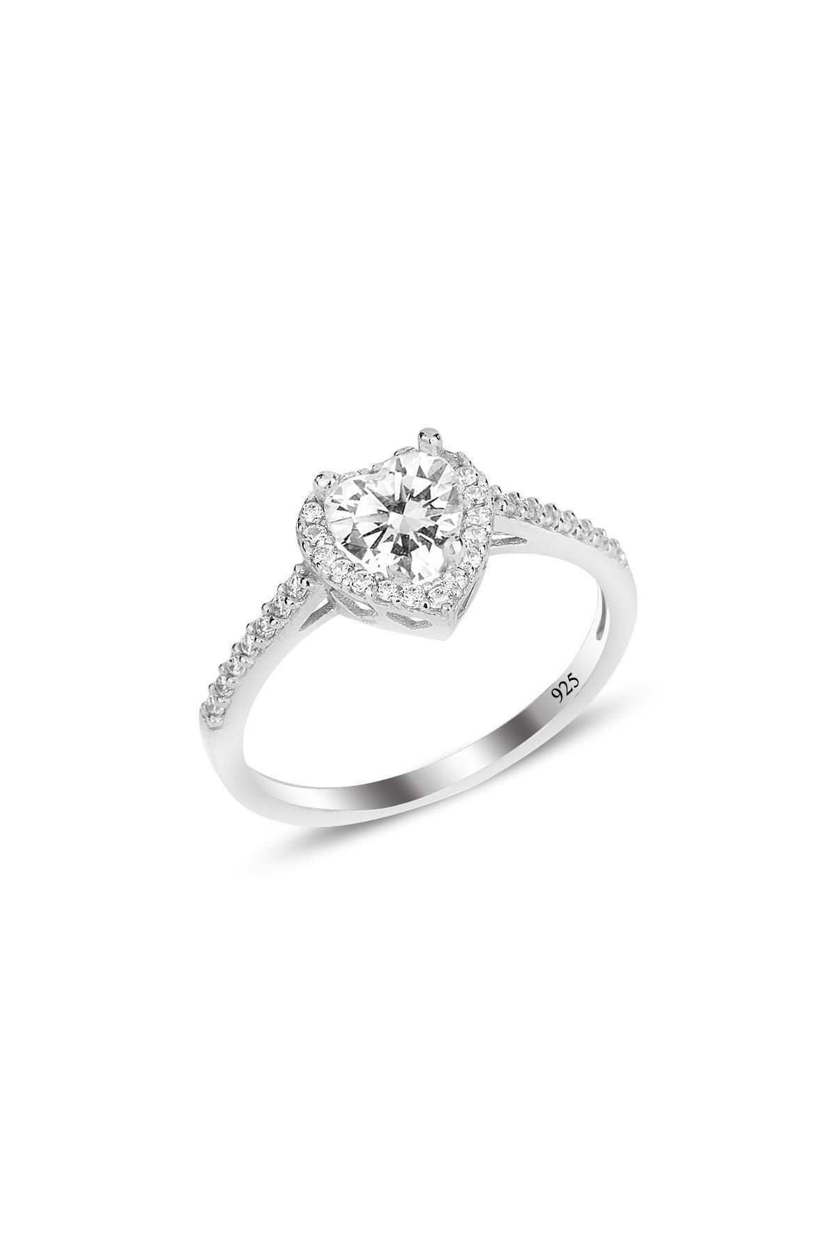 Vog Swarovski Taşlı Beyaz Renkli Kalpli 925 Ayar Gümüş Sevgiliye,Anneye,Arkadaşa Yüzük 