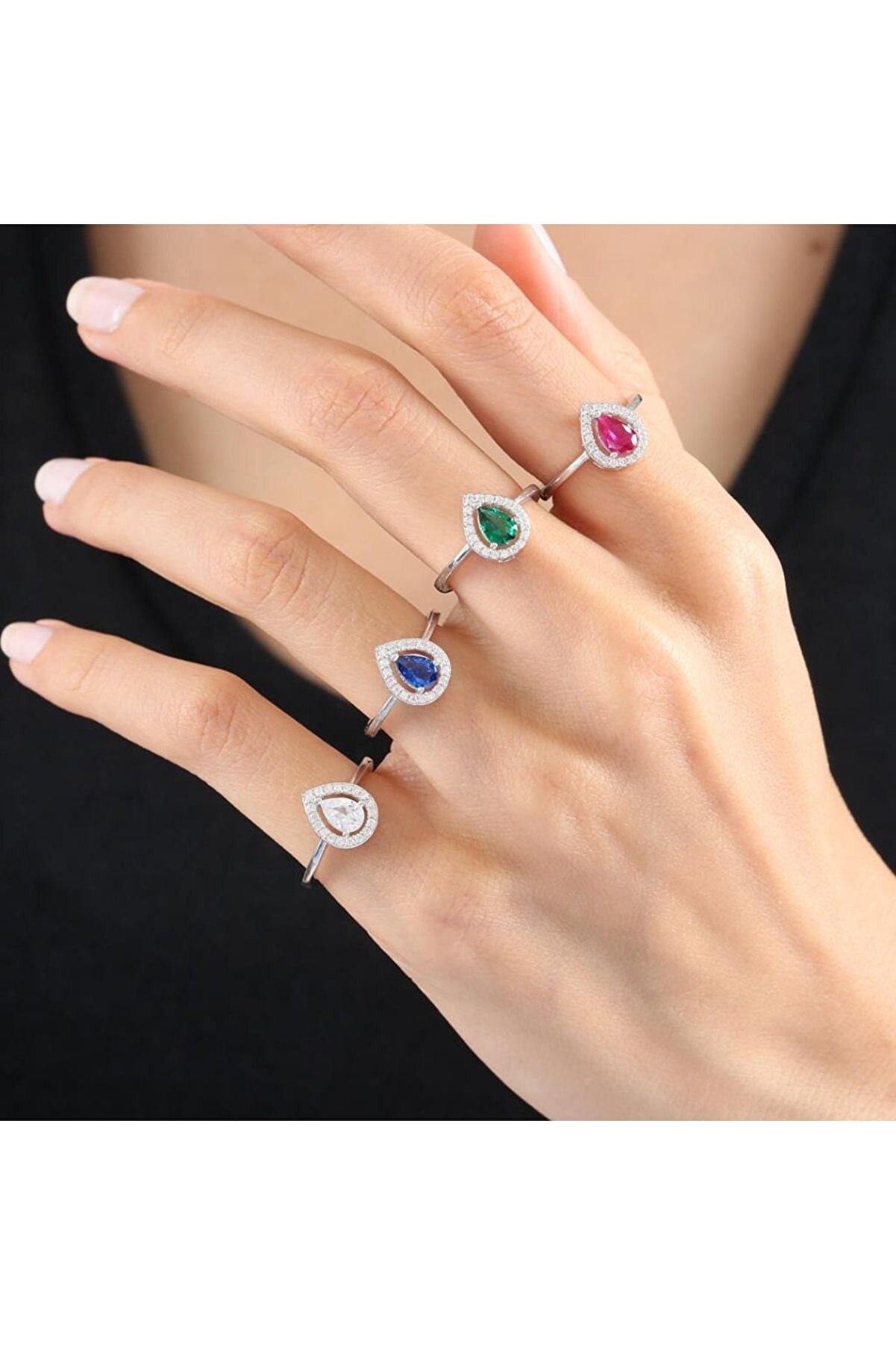 Vog  Pırlanta Montür Zarif Damla Sentetik Zümrüt 925 Ayar Gümüş Yüzük 