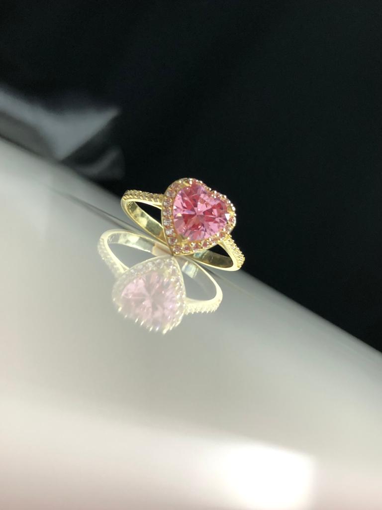 Vog Swarovski Taşlı Pembe Renkli Kalpli 925 Ayar Gümüş Sevgiliye,Anneye,Arkadaşa Hediye Yüzük