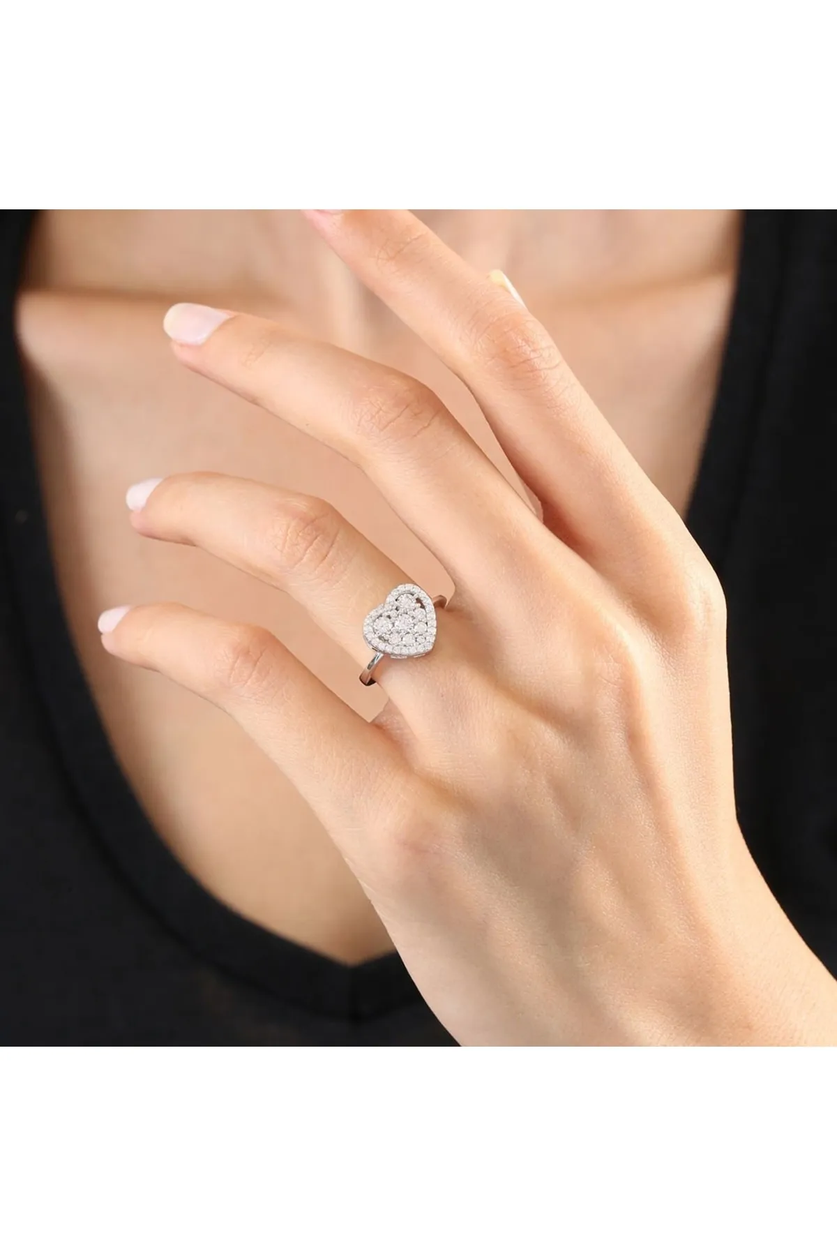 Vog Pırlanta Montür Effective Diamond Kalp Ritmi 925 Ayar Gümüş Sevgiliye Eşe Hediye Yüzük