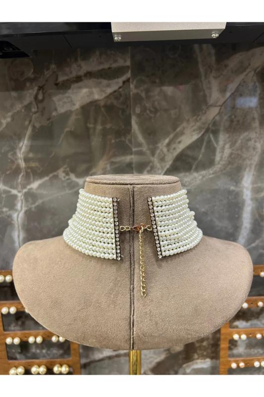 Vog Choker 12 Sıra Cam İnci Elmas Montürlü Zirkon Taşlı Antik Bronz Tasma Kolye