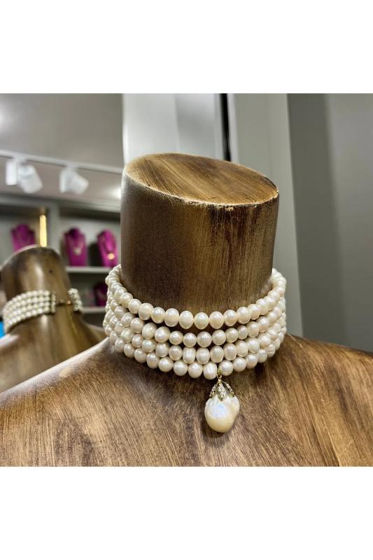Vog Choker Gerçek 4 Sıra Gerçek İnci V Barok İncili Düğün Nişan Söz Fantezi Choker