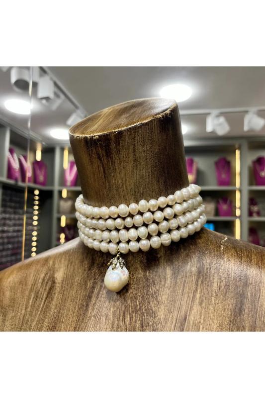 Vog Choker Gerçek 4 Sıra Gerçek İnci V Barok İncili Düğün Nişan Söz Fantezi Choker