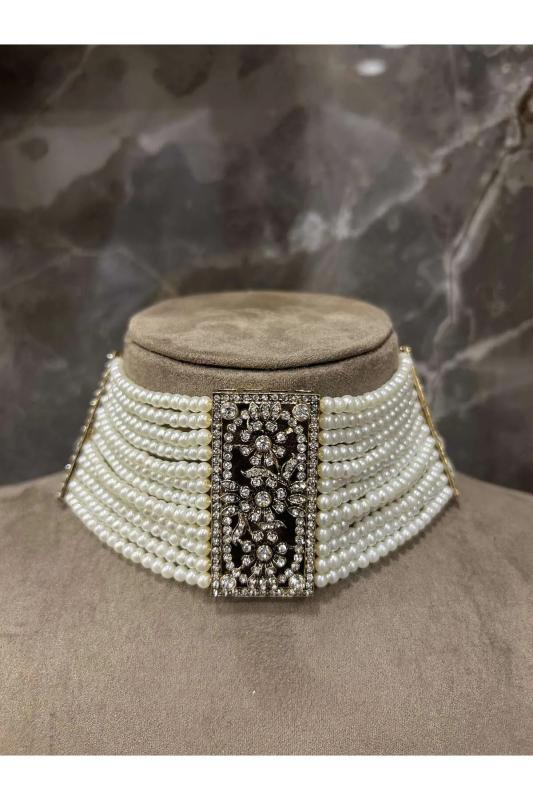 Choker 12 Sıra Cam İnci Elmas Montürlü Zirkon Taşlı Antik Bronz Fantezi Tasma Kolye